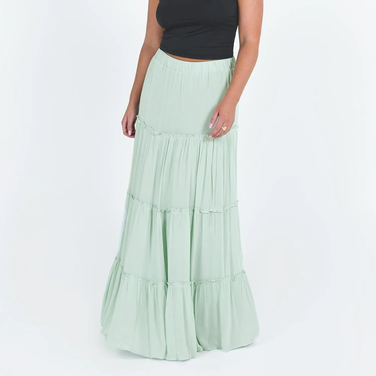 Women Flowy Maxi Skirt Elastic Waist Tiered Long Skirts Loose A-Line Ruffle Swing Skirt Solid Boho Pleated Skirt