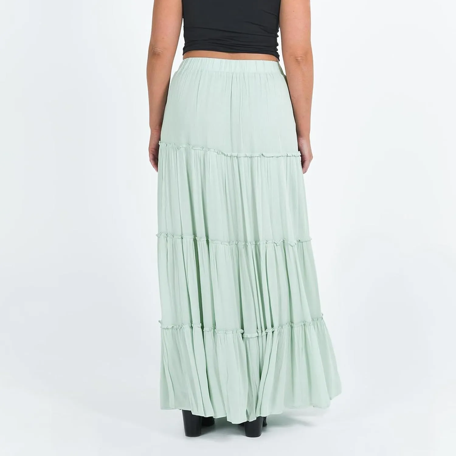 Women Flowy Maxi Skirt Elastic Waist Tiered Long Skirts Loose A-Line Ruffle Swing Skirt Solid Boho Pleated Skirt