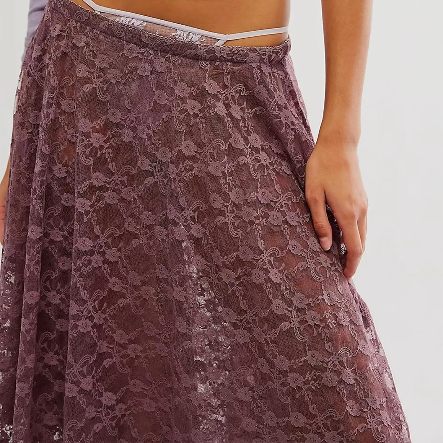 Women Lace Long Skirts Elastic Asymmetrical Layered See-Through Maxi Skirts Sexy Sheer Flowy Beach Cover-up Skirts