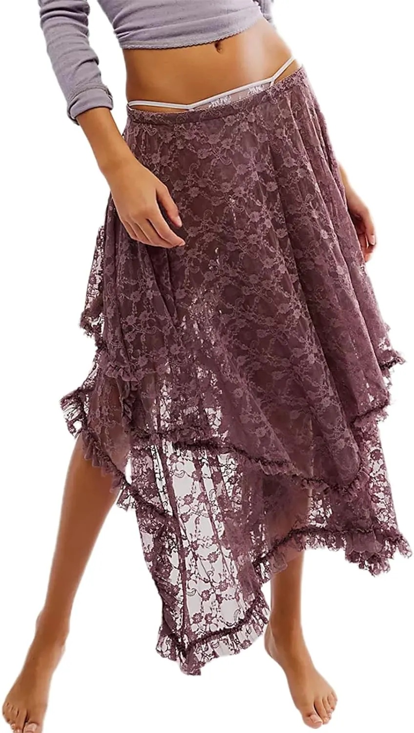 Women Lace Long Skirts Elastic Asymmetrical Layered See-Through Maxi Skirts Sexy Sheer Flowy Beach Cover-up Skirts