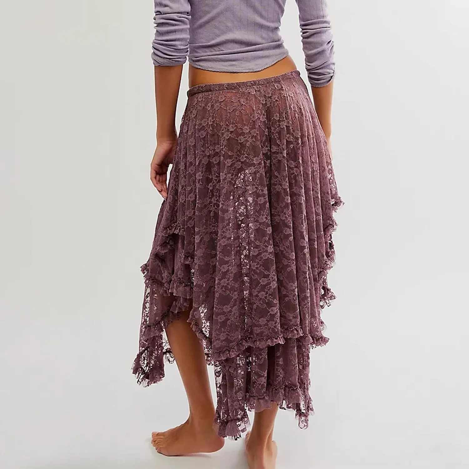 Women Lace Long Skirts Elastic Asymmetrical Layered See-Through Maxi Skirts Sexy Sheer Flowy Beach Cover-up Skirts
