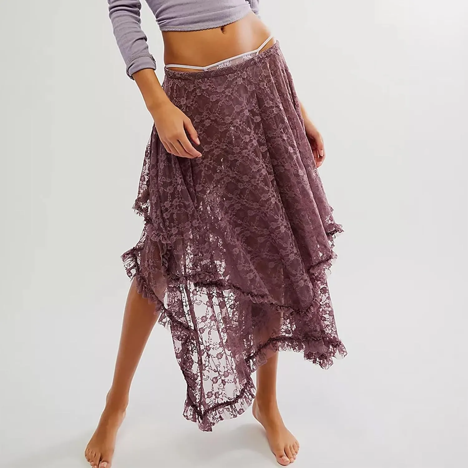 Women Lace Long Skirts Elastic Asymmetrical Layered See-Through Maxi Skirts Sexy Sheer Flowy Beach Cover-up Skirts