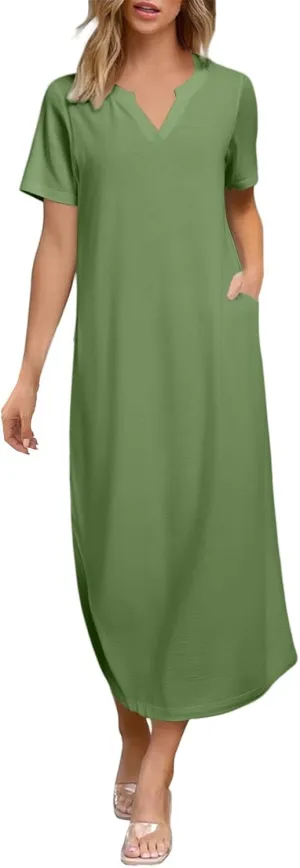 Women Long Maxi Dress Short Sleeve Split Long Tshirt Dress Casual Summer Loose V Neck Sundress with Pockets
