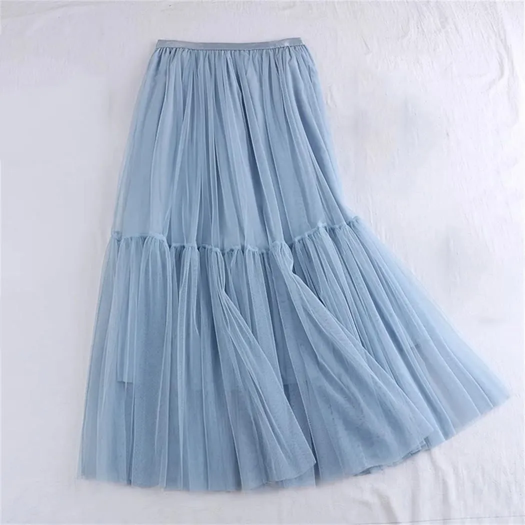 Women Mesh Skirt Elastic High Waist Fluffy Irregular Hem Casual A-Line Midi Skirts