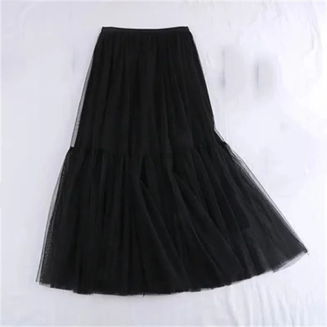 Women Mesh Skirt Elastic High Waist Fluffy Irregular Hem Casual A-Line Midi Skirts