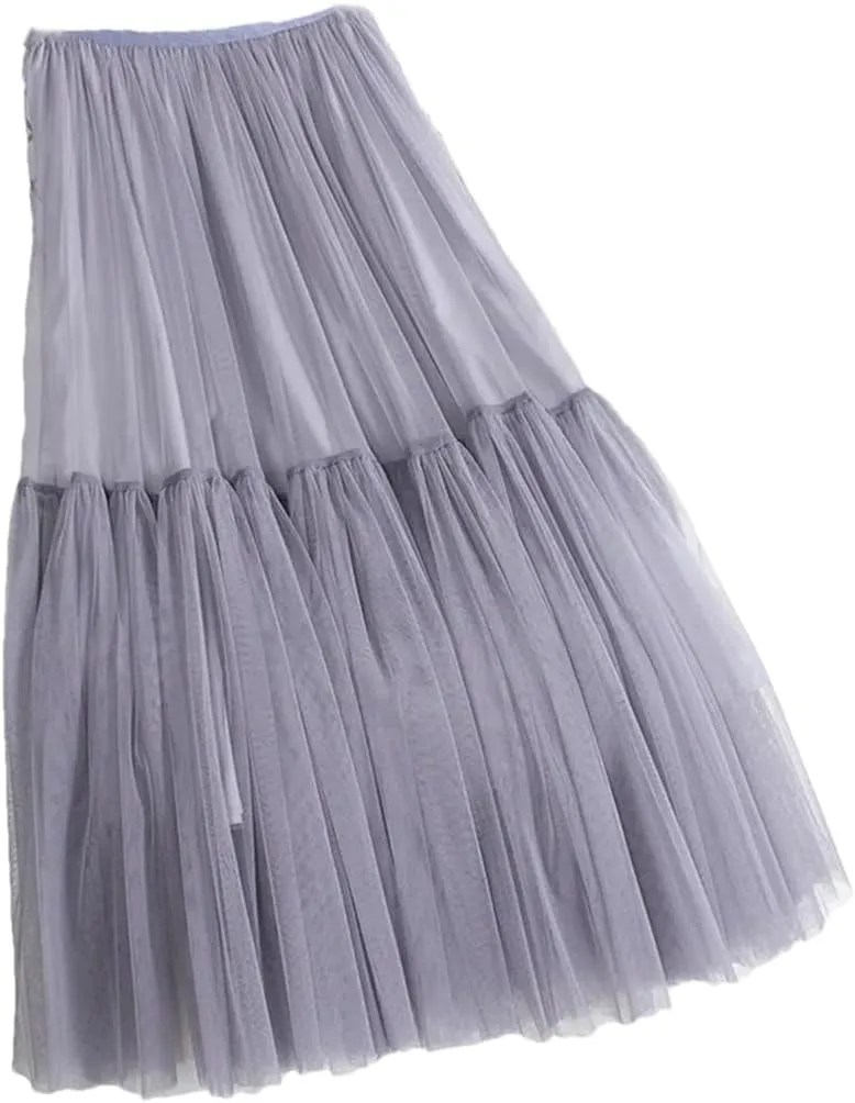 Women Mesh Skirt Elastic High Waist Fluffy Irregular Hem Casual A-Line Midi Skirts
