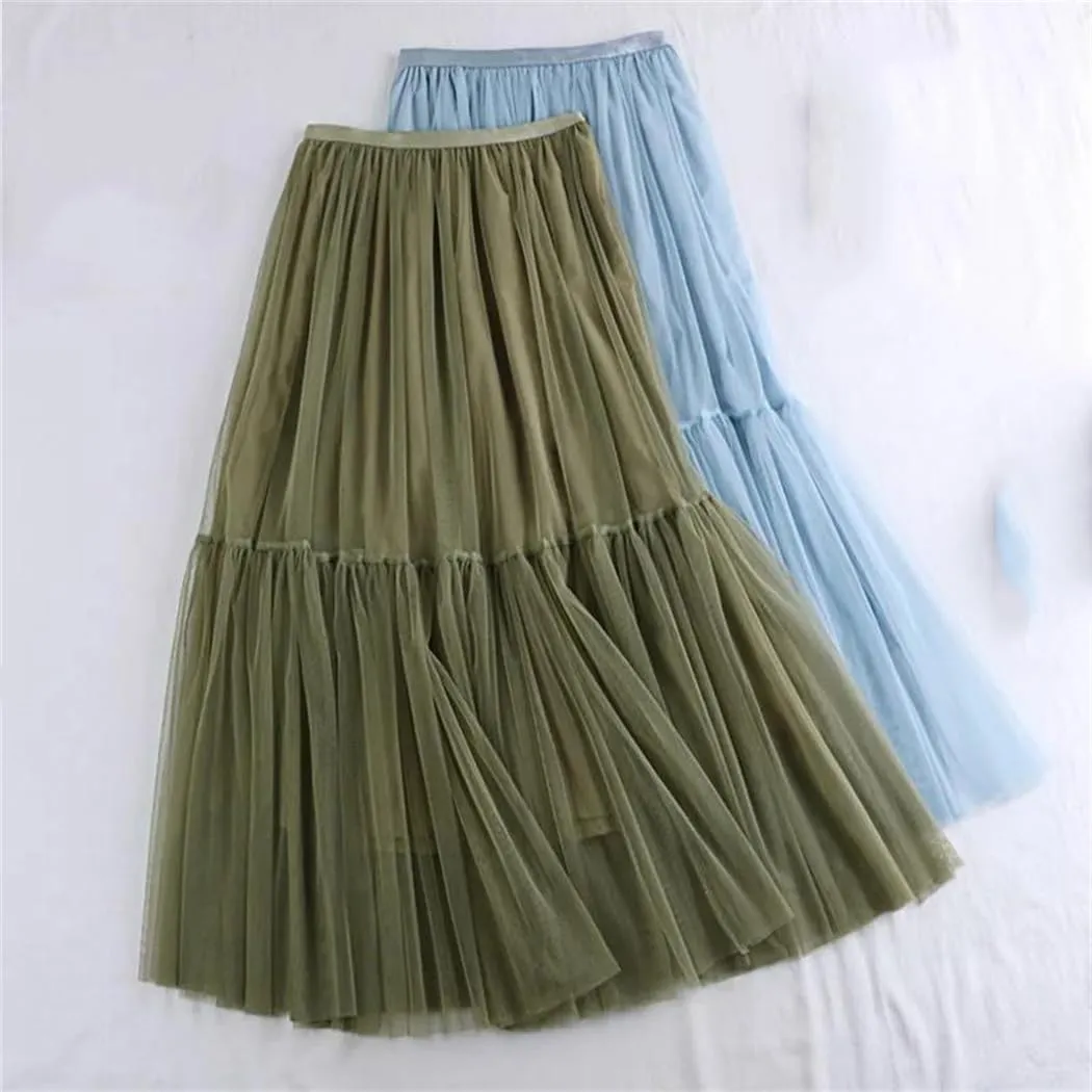 Women Mesh Skirt Elastic High Waist Fluffy Irregular Hem Casual A-Line Midi Skirts