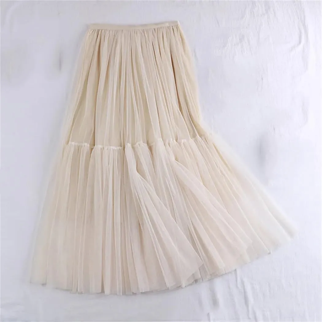Women Mesh Skirt Elastic High Waist Fluffy Irregular Hem Casual A-Line Midi Skirts