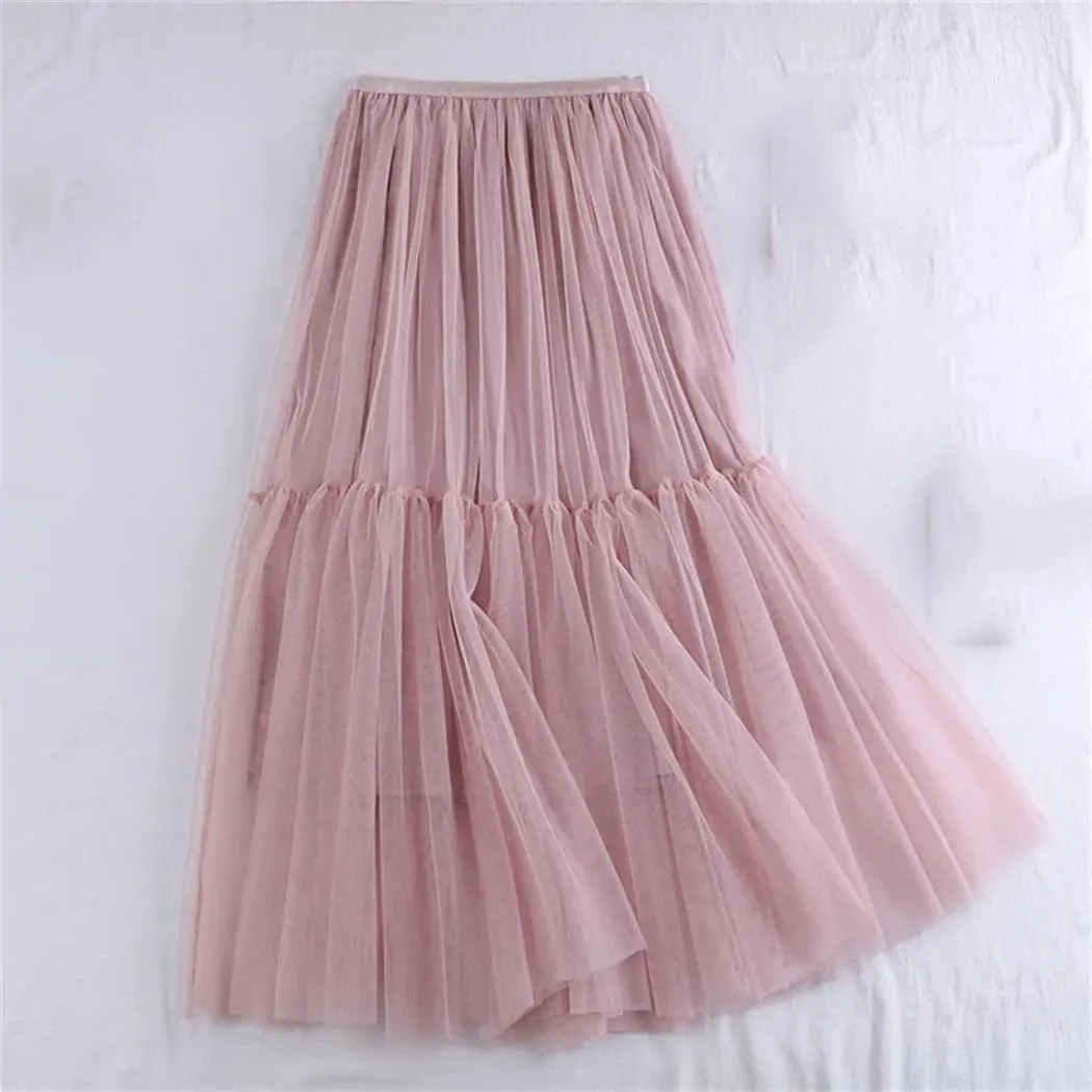 Women Mesh Skirt Elastic High Waist Fluffy Irregular Hem Casual A-Line Midi Skirts