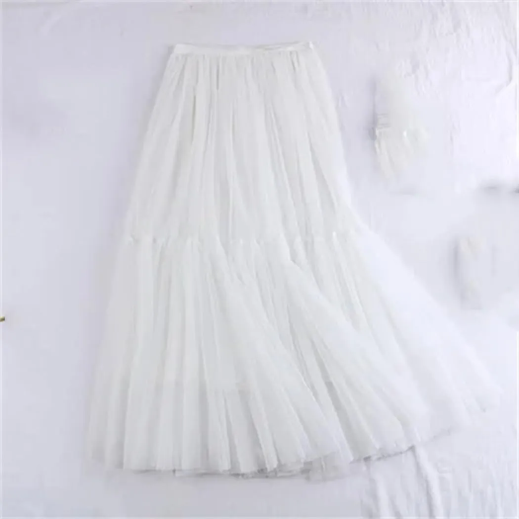 Women Mesh Skirt Elastic High Waist Fluffy Irregular Hem Casual A-Line Midi Skirts