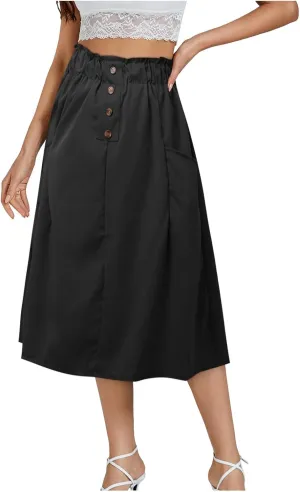 Women Midi Skirt Women's Button Down Denim Skirt High Waisted Casual Loose Jean Midi Skirts with Pockets