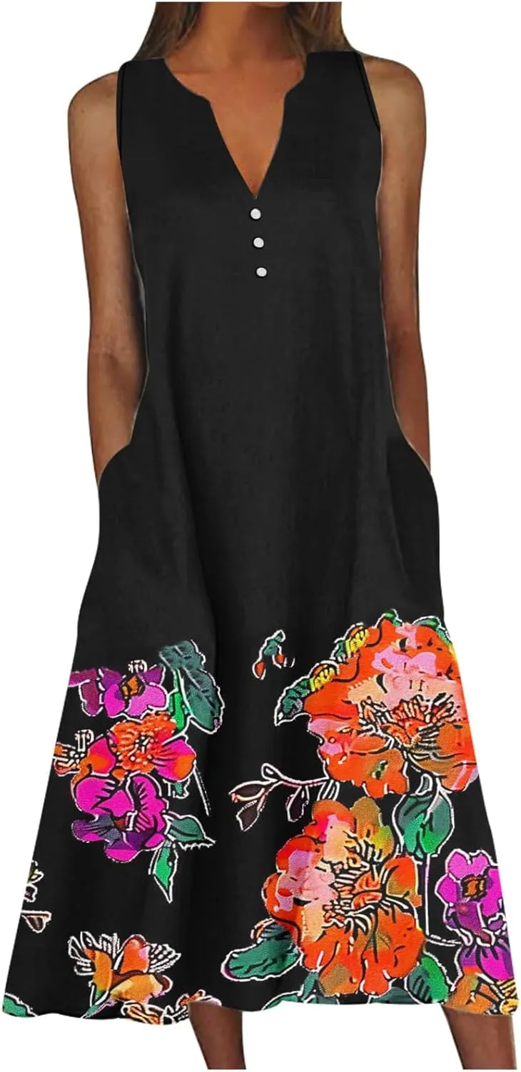 Women Paisley Flowy Dress 2024 Beach Vacation Boho Dresses V Neck Trendy Sundresses Causal Summer Dressy Clothing