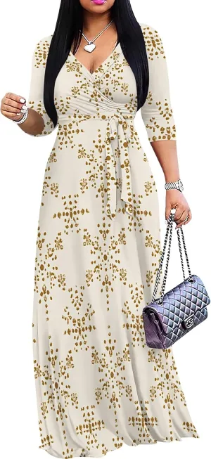 Women Plus Size Maxi Dress Sexy V Neck 3/4 Sleeves Floral Print A Line Long Dresses Printed Swing Sundress with Belt