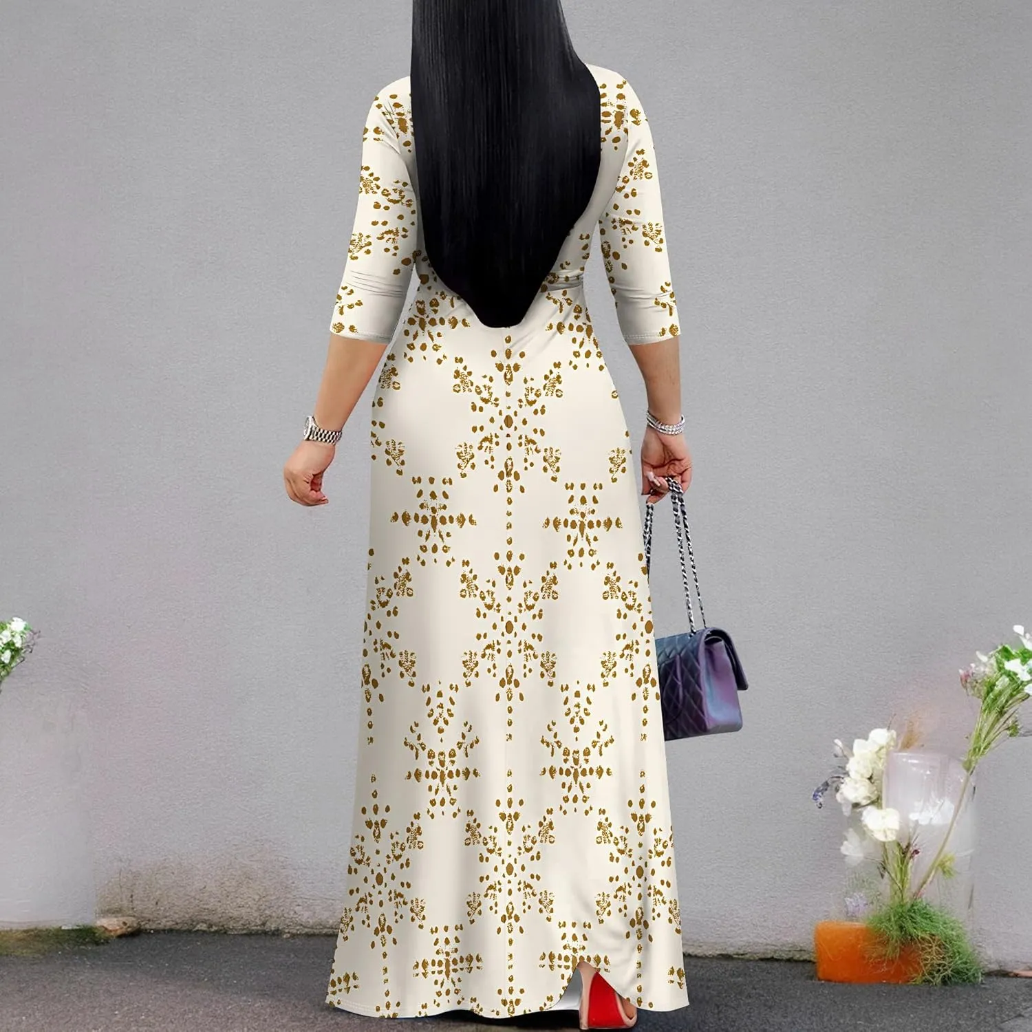 Women Plus Size Maxi Dress Sexy V Neck 3/4 Sleeves Floral Print A Line Long Dresses Printed Swing Sundress with Belt