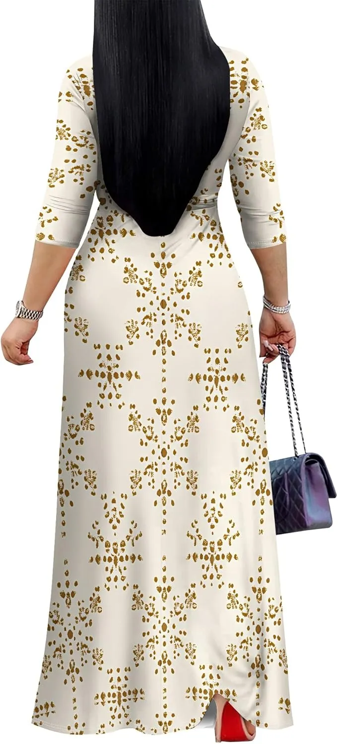 Women Plus Size Maxi Dress Sexy V Neck 3/4 Sleeves Floral Print A Line Long Dresses Printed Swing Sundress with Belt