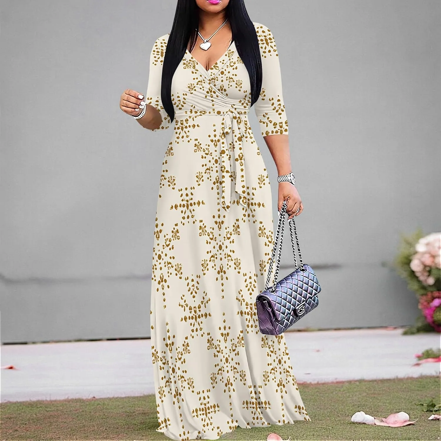Women Plus Size Maxi Dress Sexy V Neck 3/4 Sleeves Floral Print A Line Long Dresses Printed Swing Sundress with Belt