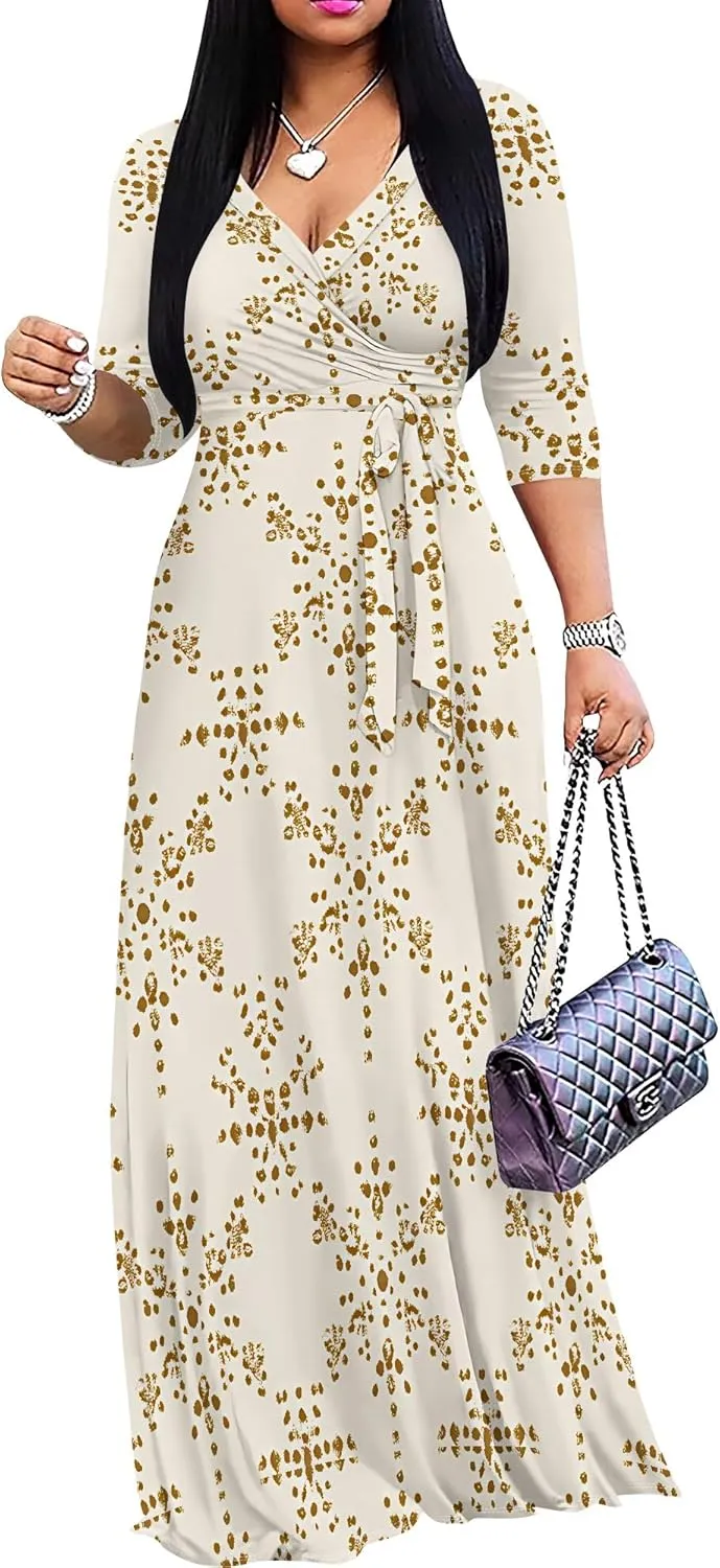 Women Plus Size Maxi Dress Sexy V Neck 3/4 Sleeves Floral Print A Line Long Dresses Printed Swing Sundress with Belt