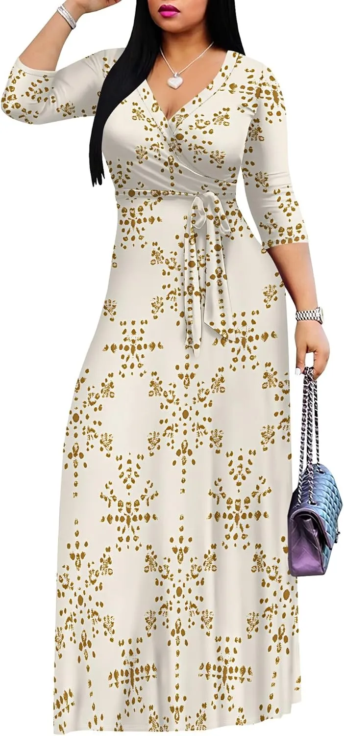 Women Plus Size Maxi Dress Sexy V Neck 3/4 Sleeves Floral Print A Line Long Dresses Printed Swing Sundress with Belt
