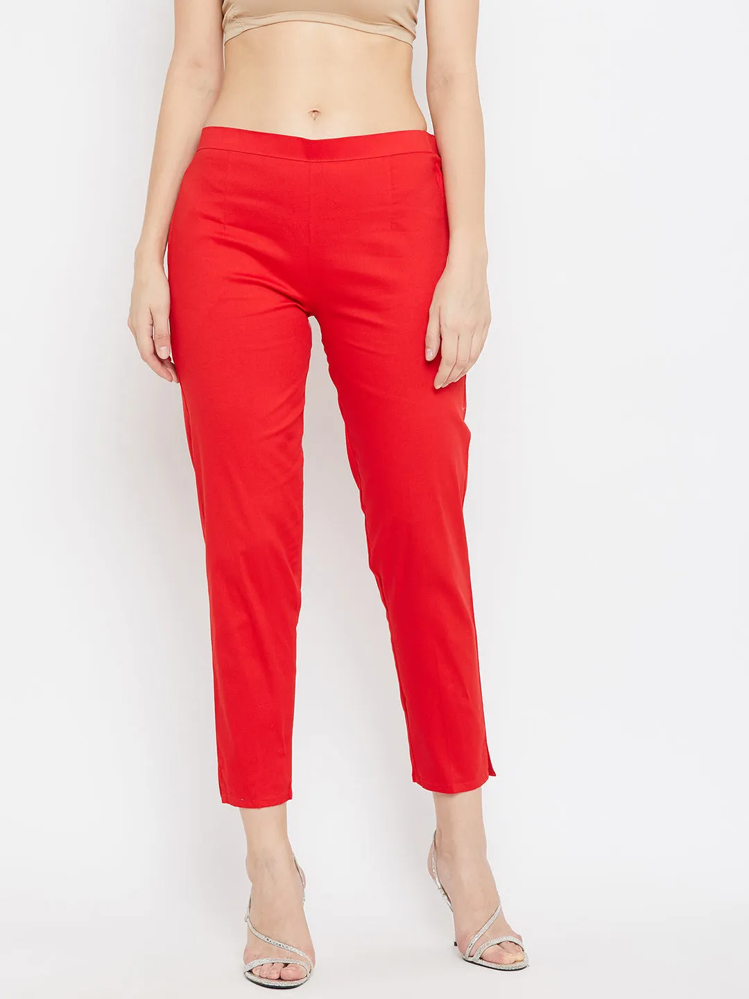 Women Red Regular Fit Solid Pants