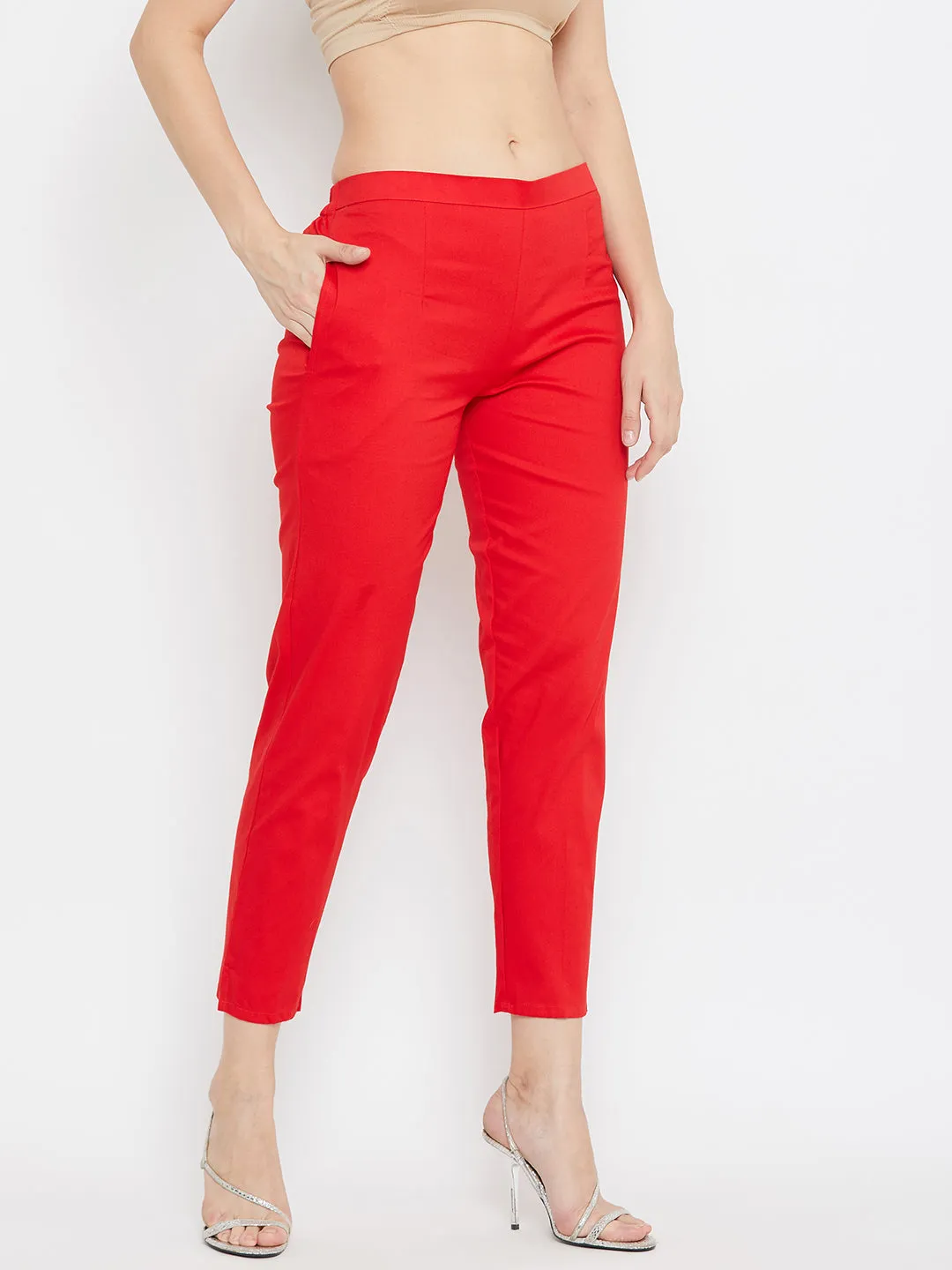Women Red Regular Fit Solid Pants