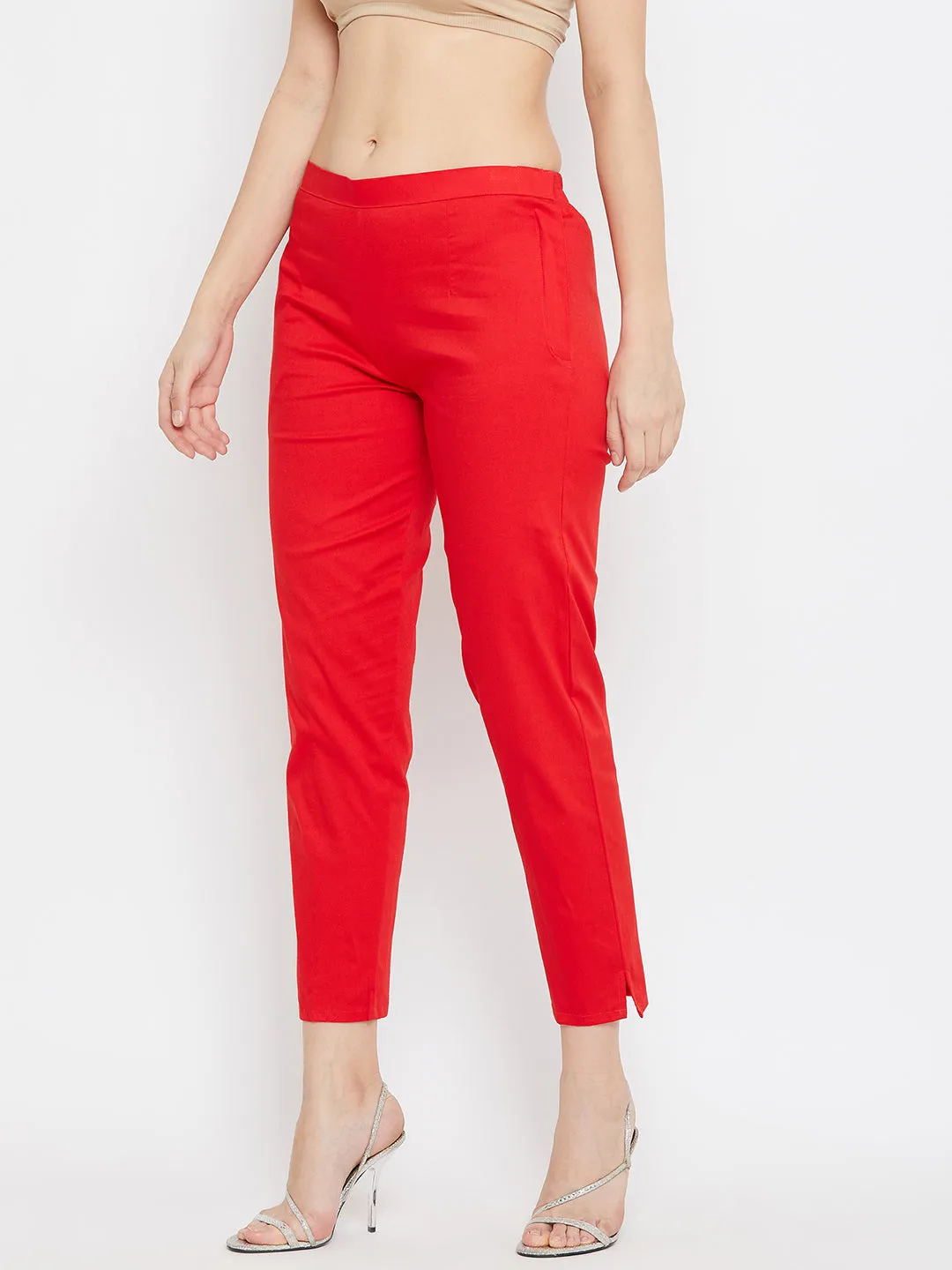 Women Red Regular Fit Solid Pants