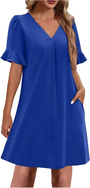 Women Ruffle Short Sleeve Mini Dress Summer V Neck Pleated Dresses Dressy Casual Business Short Dresses with Pocket