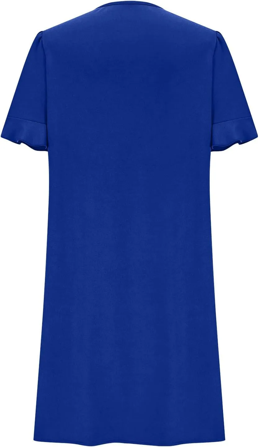 Women Ruffle Short Sleeve Mini Dress Summer V Neck Pleated Dresses Dressy Casual Business Short Dresses with Pocket