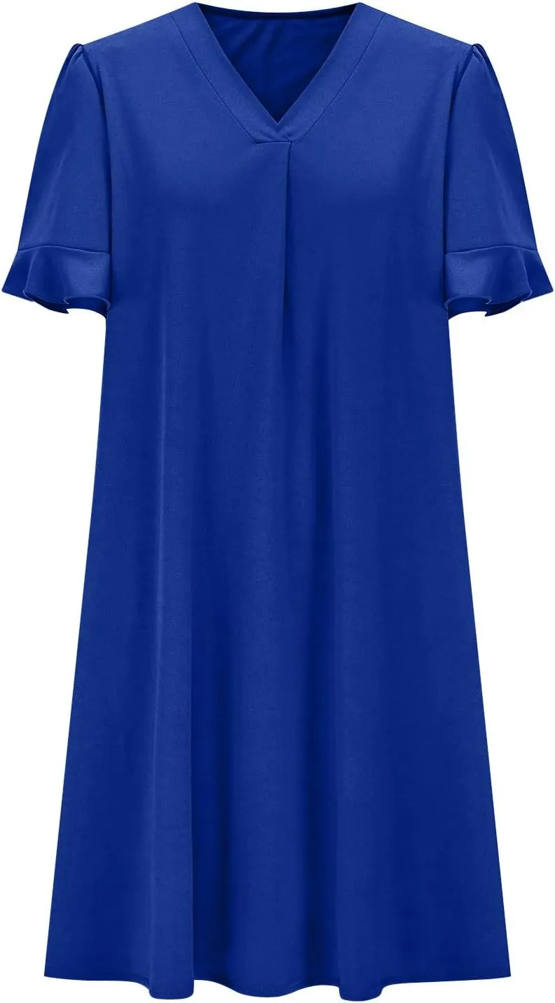 Women Ruffle Short Sleeve Mini Dress Summer V Neck Pleated Dresses Dressy Casual Business Short Dresses with Pocket