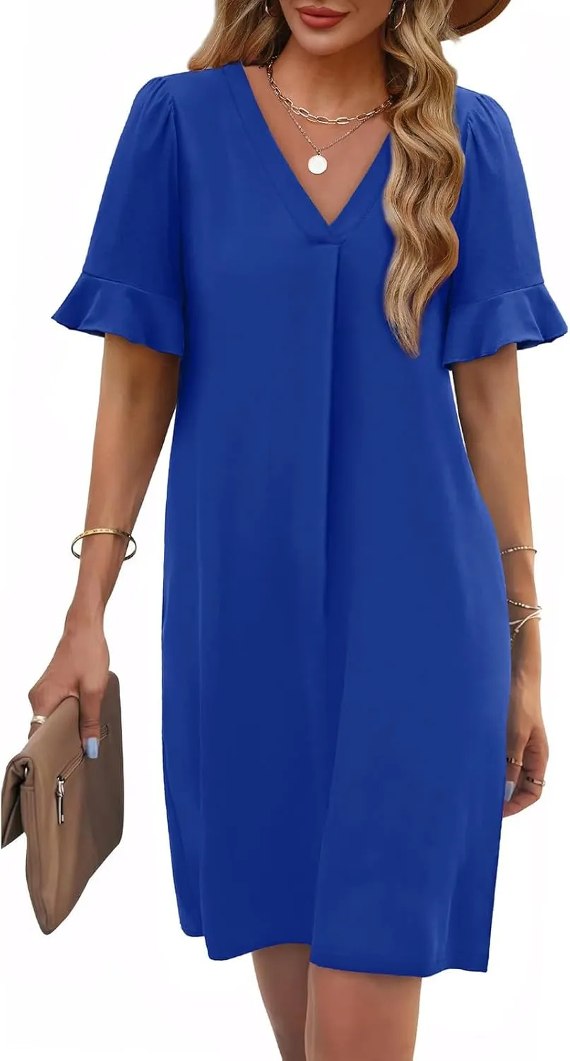 Women Ruffle Short Sleeve Mini Dress Summer V Neck Pleated Dresses Dressy Casual Business Short Dresses with Pocket