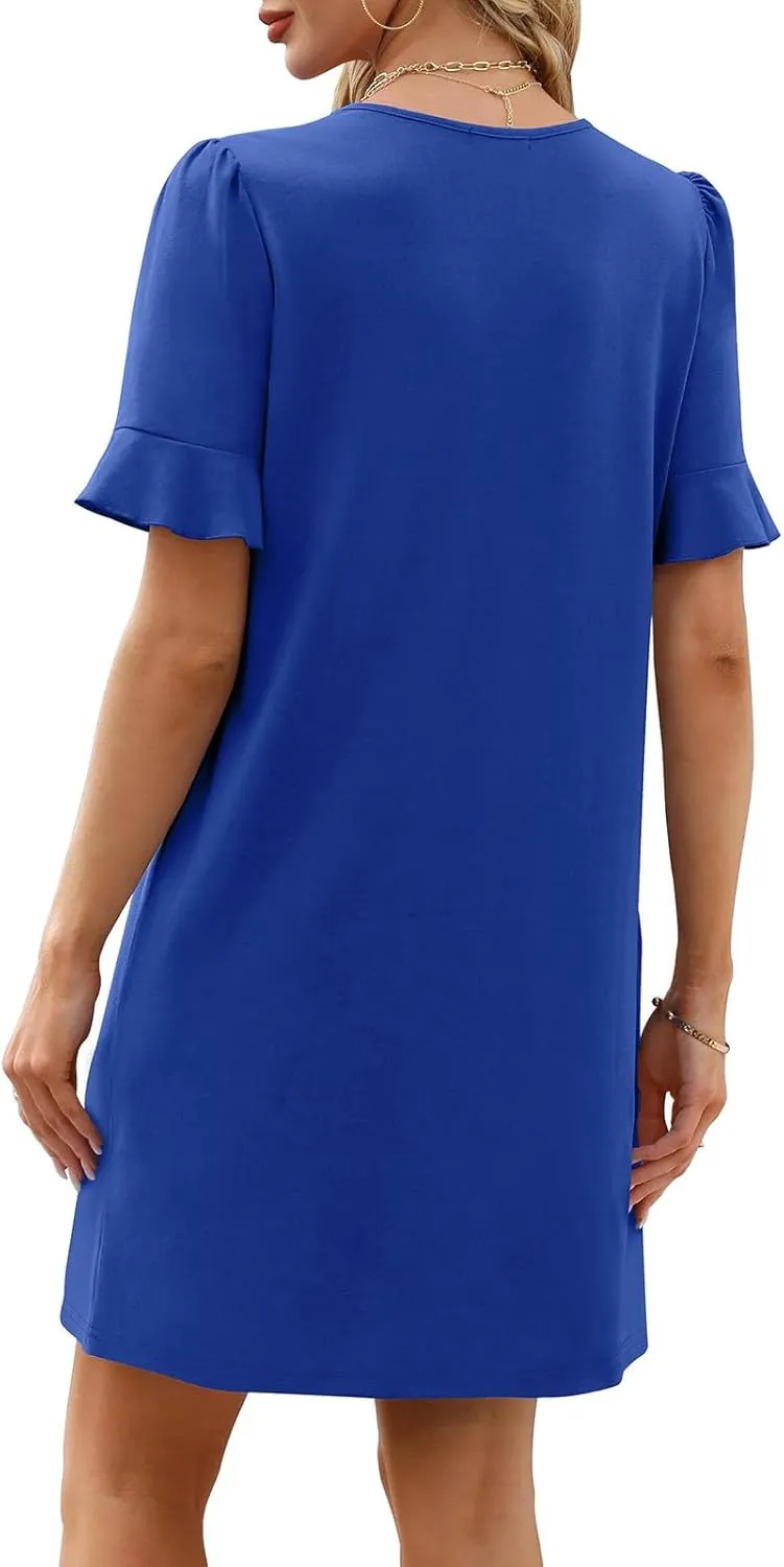Women Ruffle Short Sleeve Mini Dress Summer V Neck Pleated Dresses Dressy Casual Business Short Dresses with Pocket