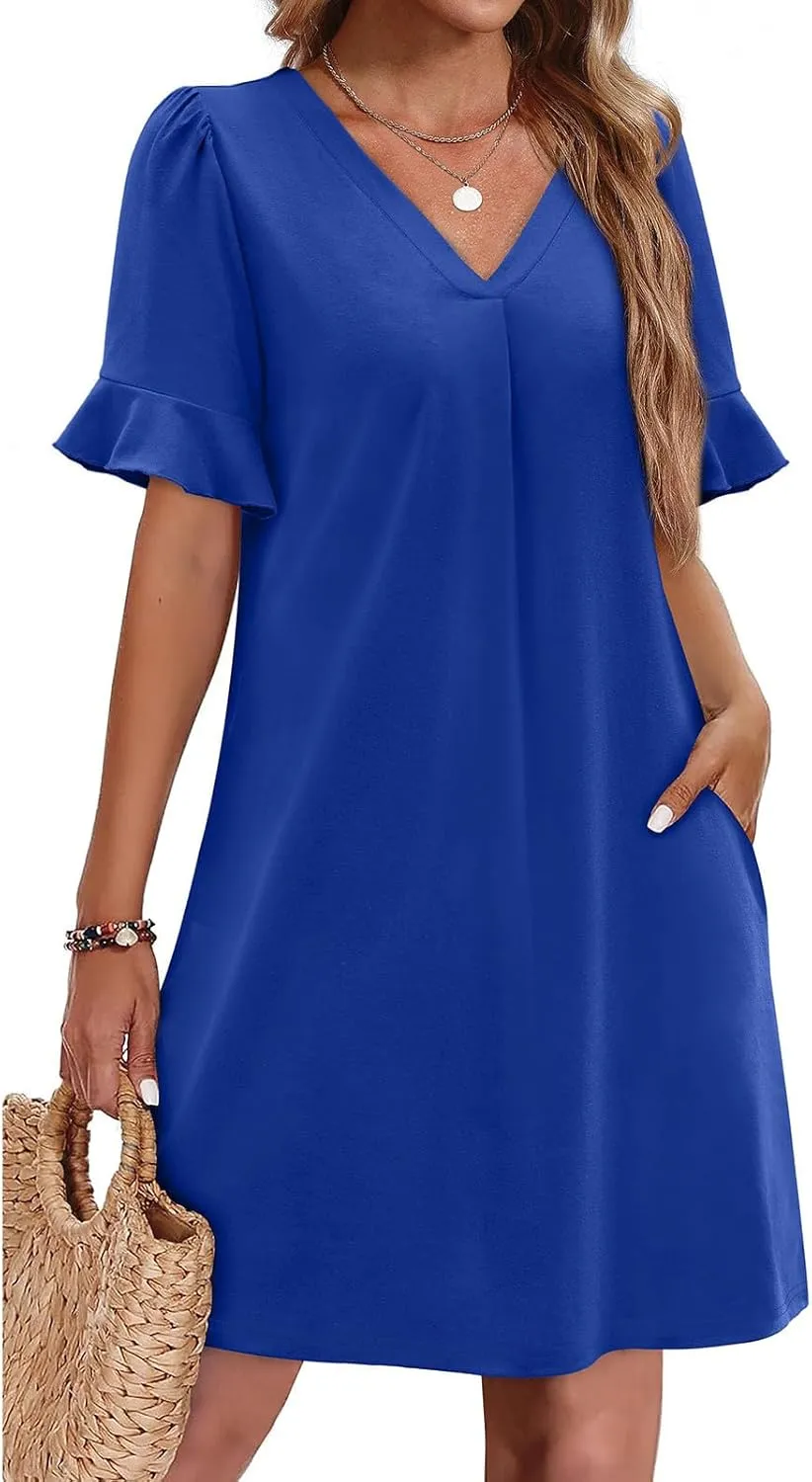 Women Ruffle Short Sleeve Mini Dress Summer V Neck Pleated Dresses Dressy Casual Business Short Dresses with Pocket