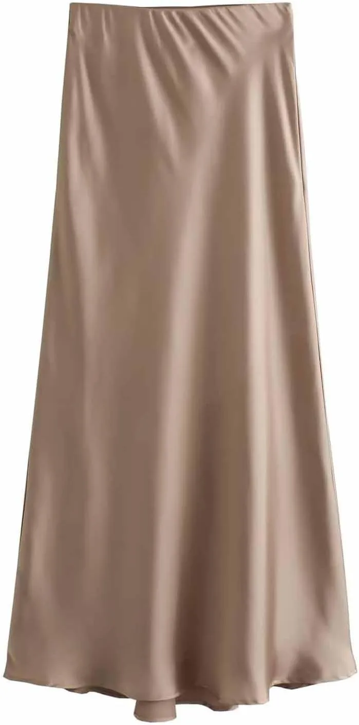 Women Satin Basic Midi Skirt Bodycon High Waist Pencil Skirts Elegant Casual Slim Fit Work Skirt for Going Out
