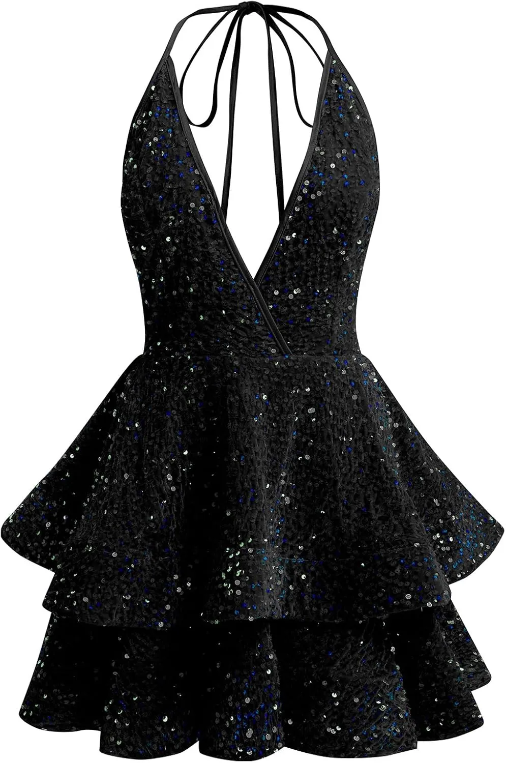 Women Sequin Short Prom Dresses for Teens Sparkly Spaghetti Strap Homecoming Dress Halter Tiered Glitter Cocktail Party Dress