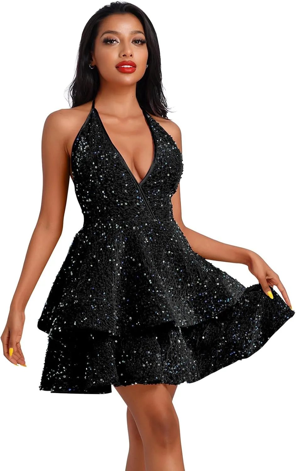 Women Sequin Short Prom Dresses for Teens Sparkly Spaghetti Strap Homecoming Dress Halter Tiered Glitter Cocktail Party Dress