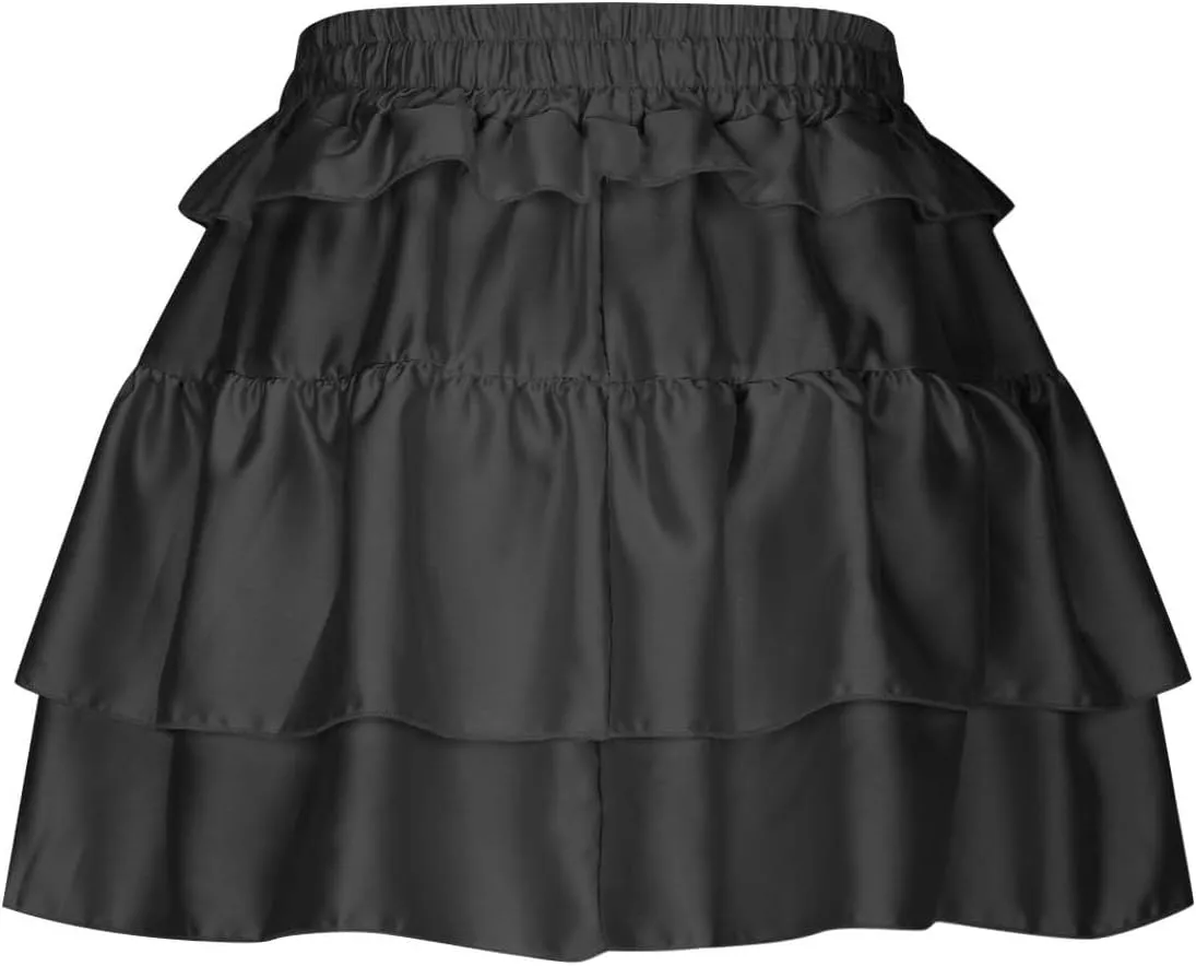 Women Tiered Layer Ruffle Hem Mini Skirt, High Waisted Elastic Drawstring Streetwear Trendy Clothes Club Party Skirts