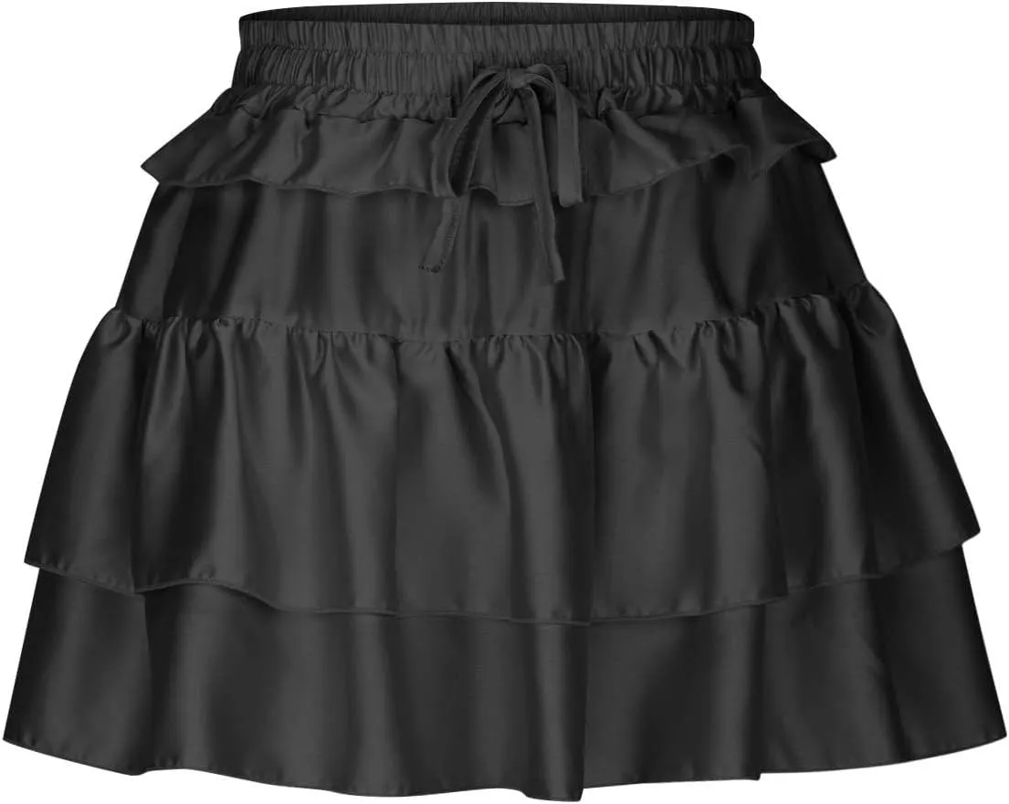 Women Tiered Layer Ruffle Hem Mini Skirt, High Waisted Elastic Drawstring Streetwear Trendy Clothes Club Party Skirts