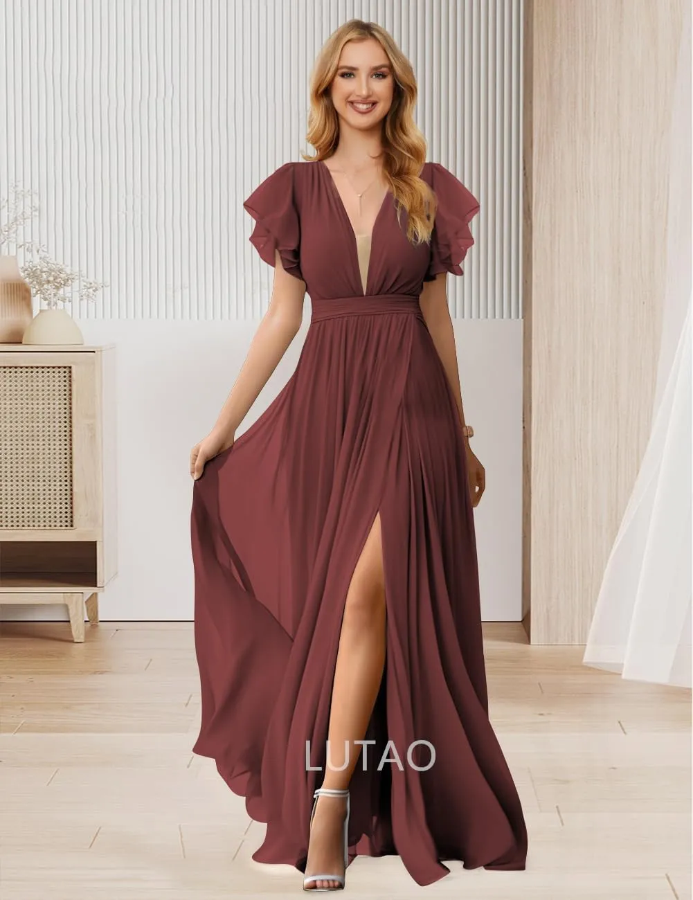 Women V Neck Bridesmaid Dresses for Wedding 2024 Long Chiffon Formal Evening Dress Ruffle Sleeves Prom Dresses