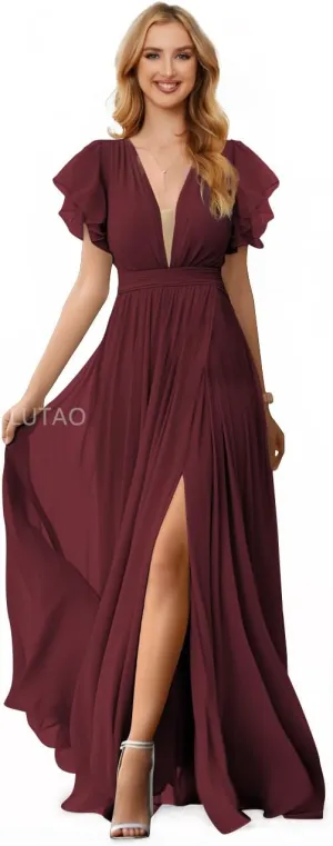 Women V Neck Bridesmaid Dresses for Wedding 2024 Long Chiffon Formal Evening Dress Ruffle Sleeves Prom Dresses
