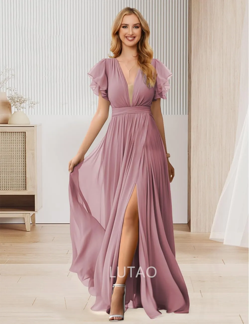 Women V Neck Bridesmaid Dresses for Wedding 2024 Long Chiffon Formal Evening Dress Ruffle Sleeves Prom Dresses