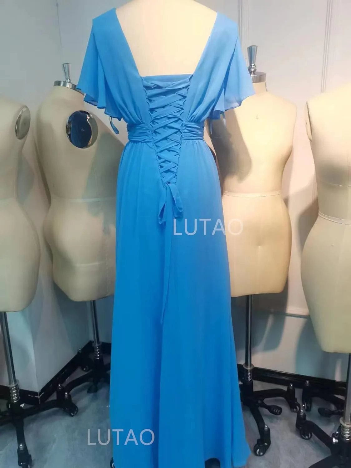 Women V Neck Bridesmaid Dresses for Wedding 2024 Long Chiffon Formal Evening Dress Ruffle Sleeves Prom Dresses
