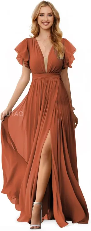Women V Neck Bridesmaid Dresses for Wedding 2024 Long Chiffon Formal Evening Dress Ruffle Sleeves Prom Dresses