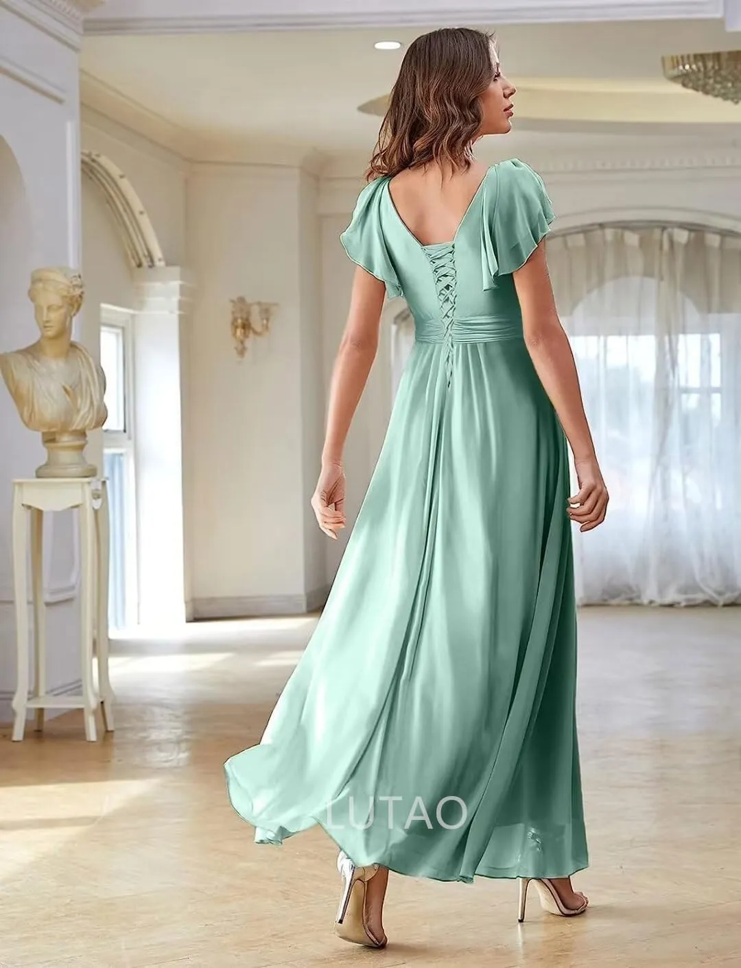 Women V Neck Bridesmaid Dresses for Wedding 2024 Long Chiffon Formal Evening Dress Ruffle Sleeves Prom Dresses