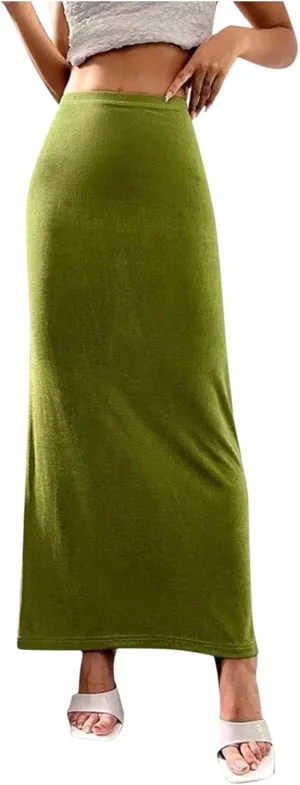 Women Vintage A-line Mid Skirt Elastic High Waist Ankle Hip Hugging Velvet Maxi Skirt Casual Flowy Swing Long Skirts