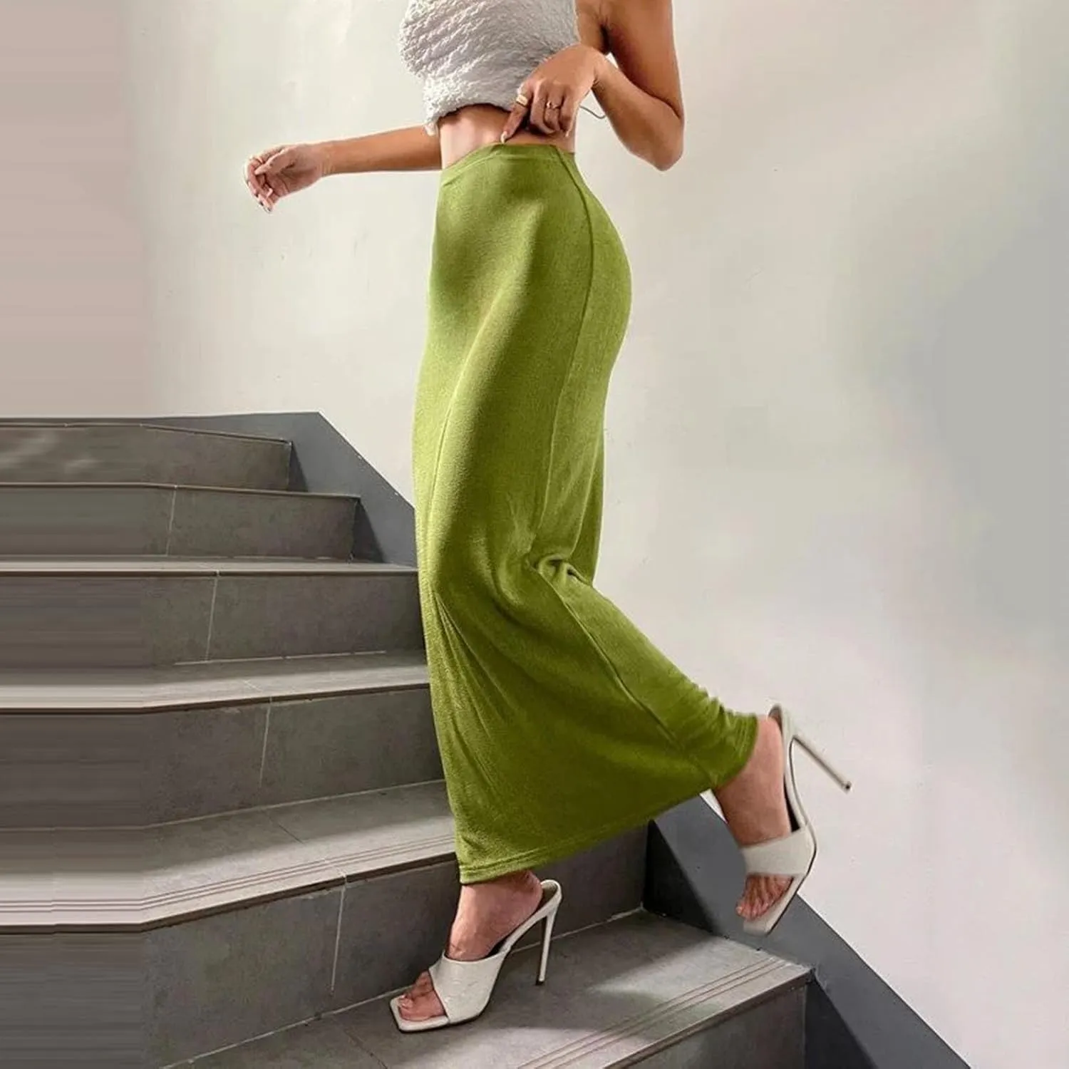 Women Vintage A-line Mid Skirt Elastic High Waist Ankle Hip Hugging Velvet Maxi Skirt Casual Flowy Swing Long Skirts