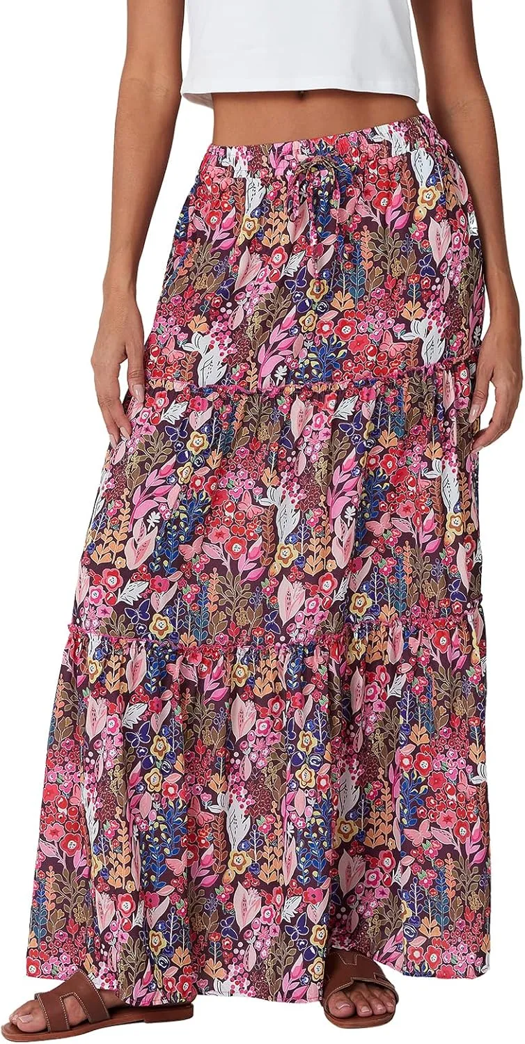 Women Y2k Denim Maxi Skirt Elastic Waist Button Pleated Tiered Flowy Long Swing Skirts Retro Chambray Jean Skirt