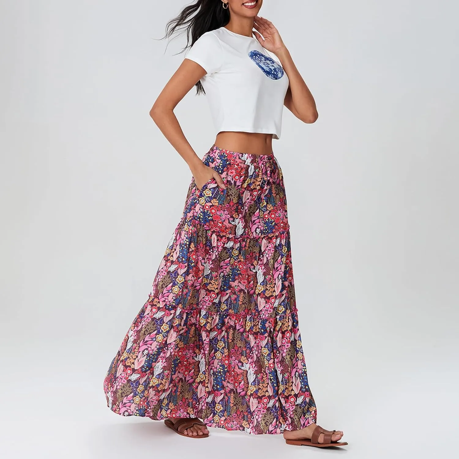 Women Y2k Denim Maxi Skirt Elastic Waist Button Pleated Tiered Flowy Long Swing Skirts Retro Chambray Jean Skirt