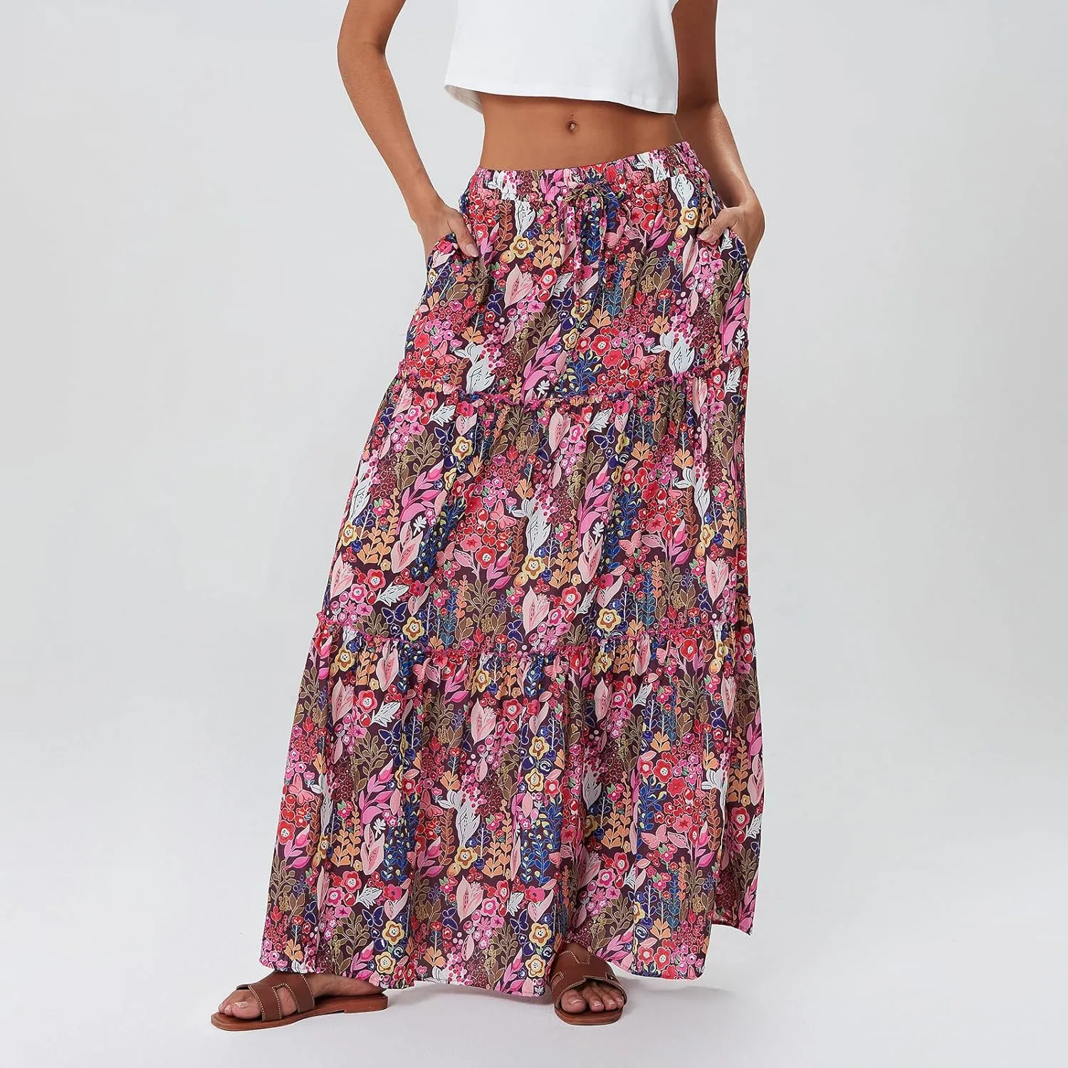Women Y2k Denim Maxi Skirt Elastic Waist Button Pleated Tiered Flowy Long Swing Skirts Retro Chambray Jean Skirt