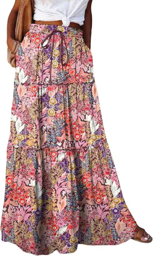 Women Y2k Denim Maxi Skirt Elastic Waist Button Pleated Tiered Flowy Long Swing Skirts Retro Chambray Jean Skirt