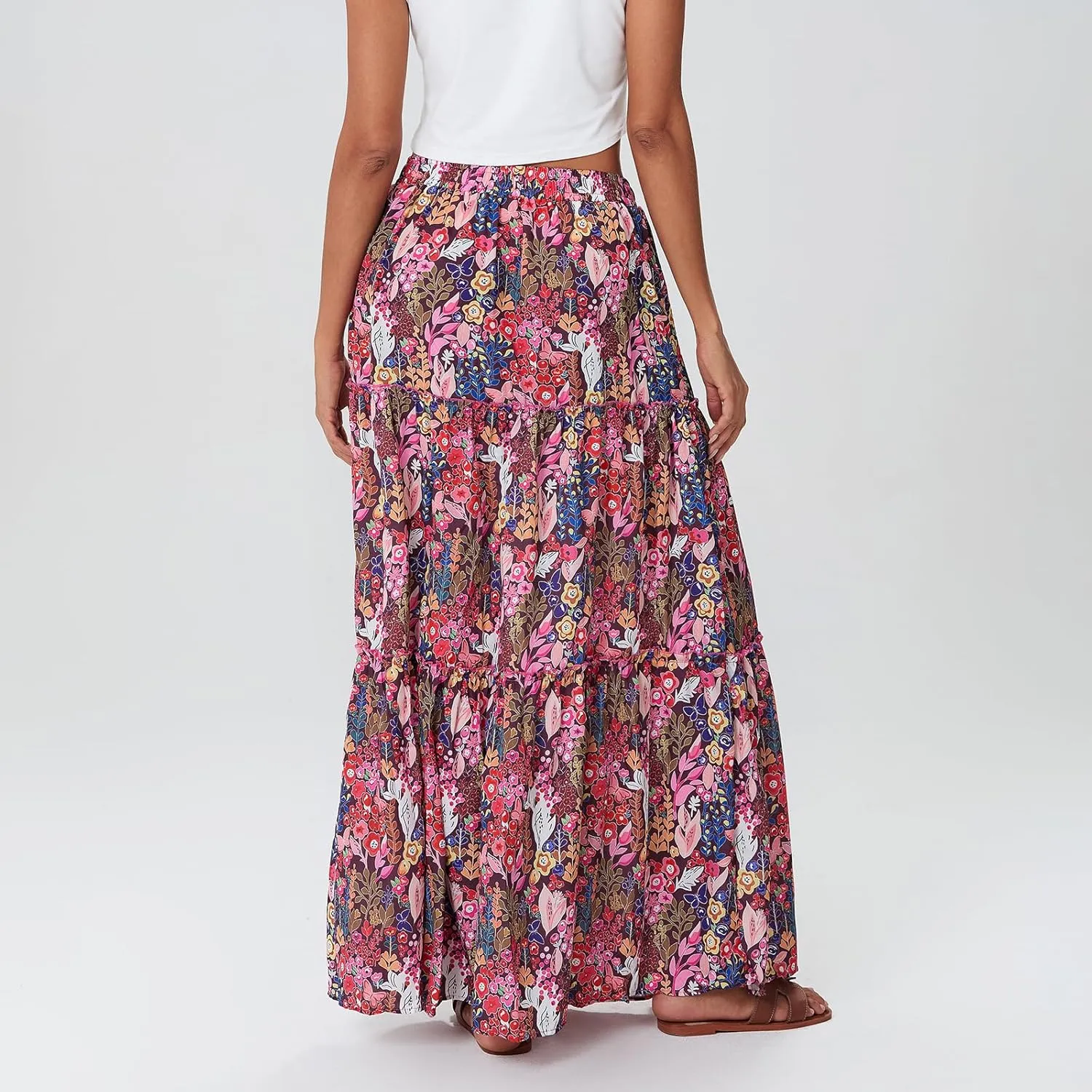 Women Y2k Denim Maxi Skirt Elastic Waist Button Pleated Tiered Flowy Long Swing Skirts Retro Chambray Jean Skirt