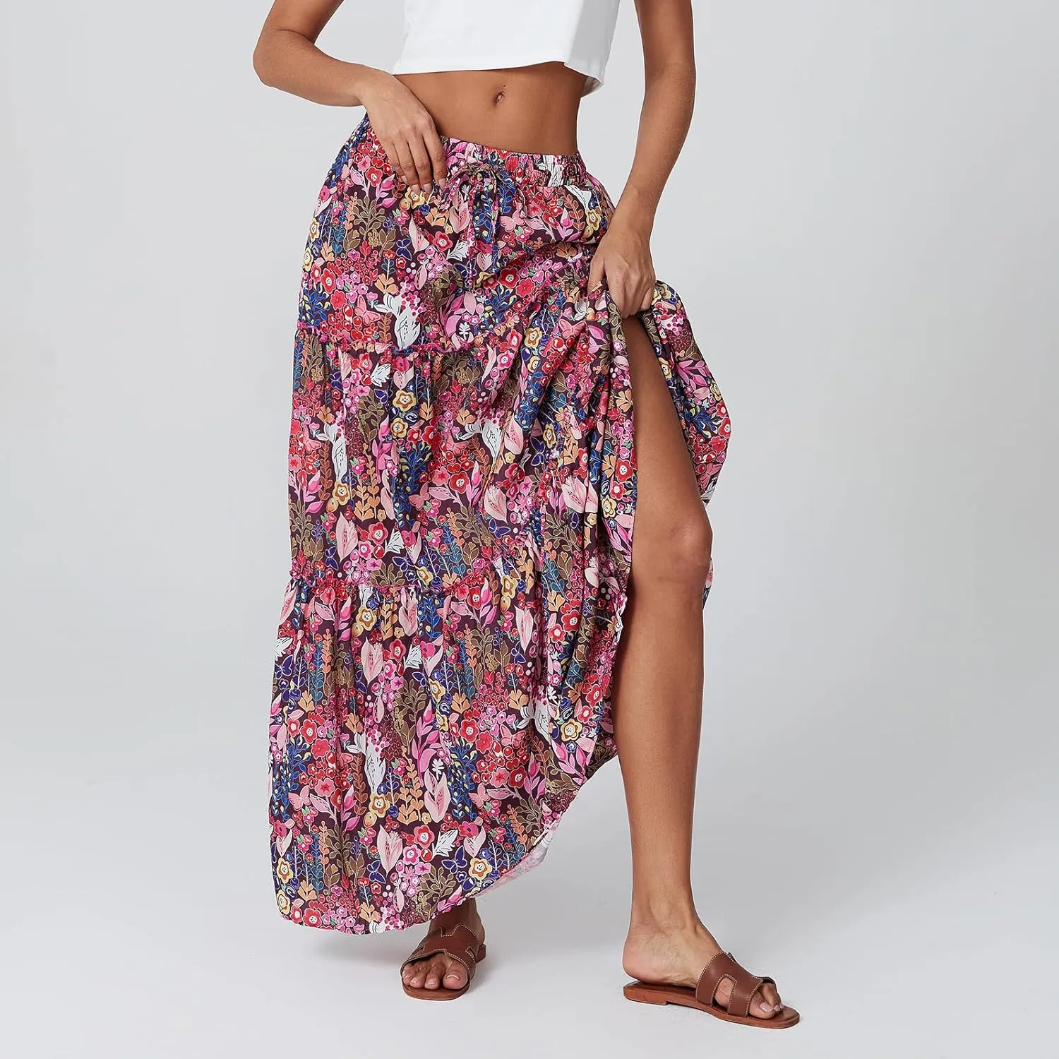 Women Y2k Denim Maxi Skirt Elastic Waist Button Pleated Tiered Flowy Long Swing Skirts Retro Chambray Jean Skirt